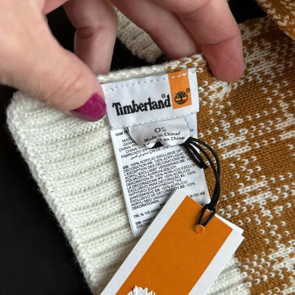 NWT Timberland Buffalo Plaid Knit‎ Scarf Cozy Logo Checkered Tan Cream
